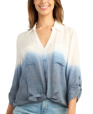 Juniors' Dip Dye Gauzy Texture Tie-Front 3/4-Sleeve Blouse