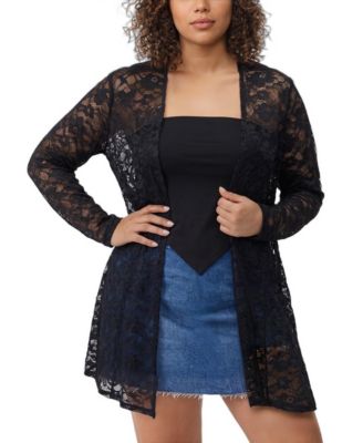 Plus Size Lace Fit and Flare Kimono Sheer Open-Front Jacket