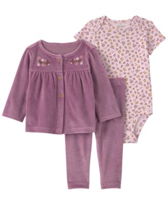 Baby Girls' Floral-Embroidered Long-Sleeve Velour Cardigan, Bodysuit and Pants, 3-Piece Set