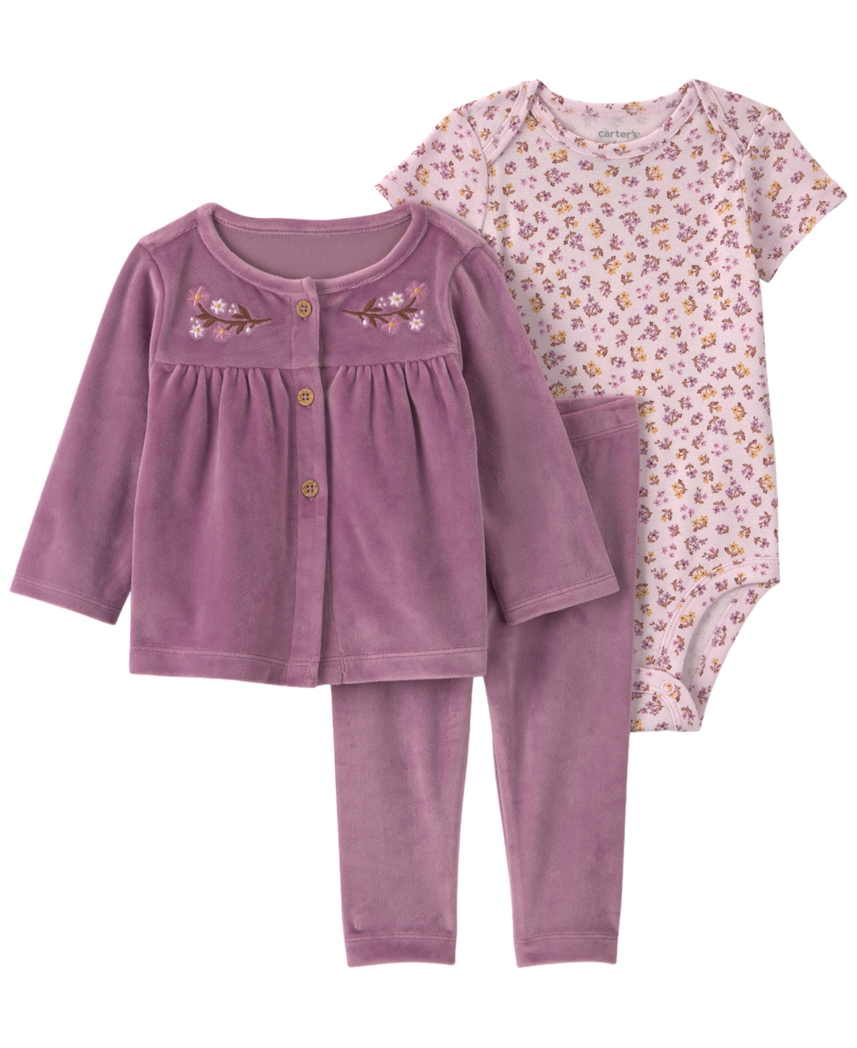 Carter's Baby Girls' Floral-Embroidered Long-Sleeve Velour Cardigan, Bodysuit and Pants, 3-Piece Set