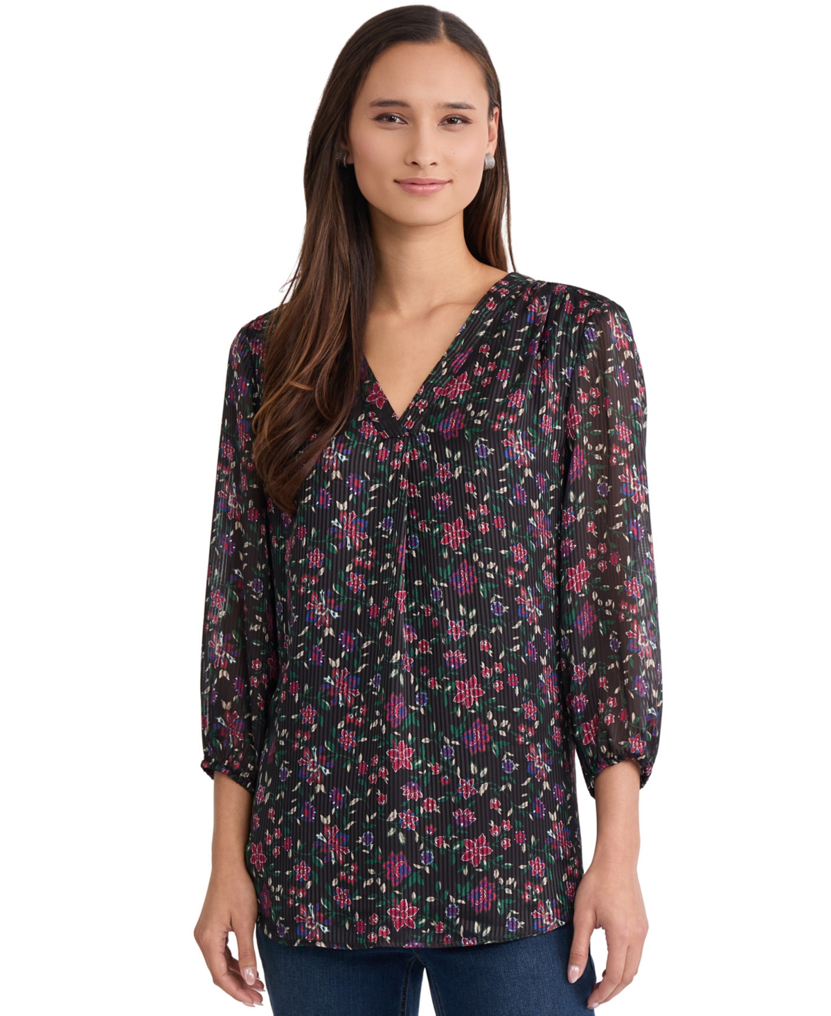 Jones New York Women's Floral-Print 3/4-Sleeve V-Neck Satin Tunic - Jones Black Multi