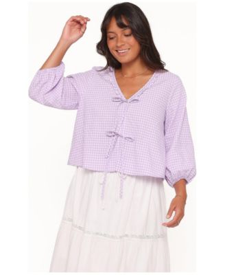 Women's Fainche Front Tie Ruffle Trim Long Sleeve Top