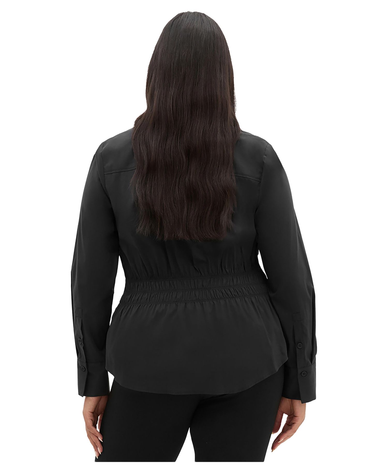 Plus Size Collared Long-Sleeve Shirred-Waist Blouse