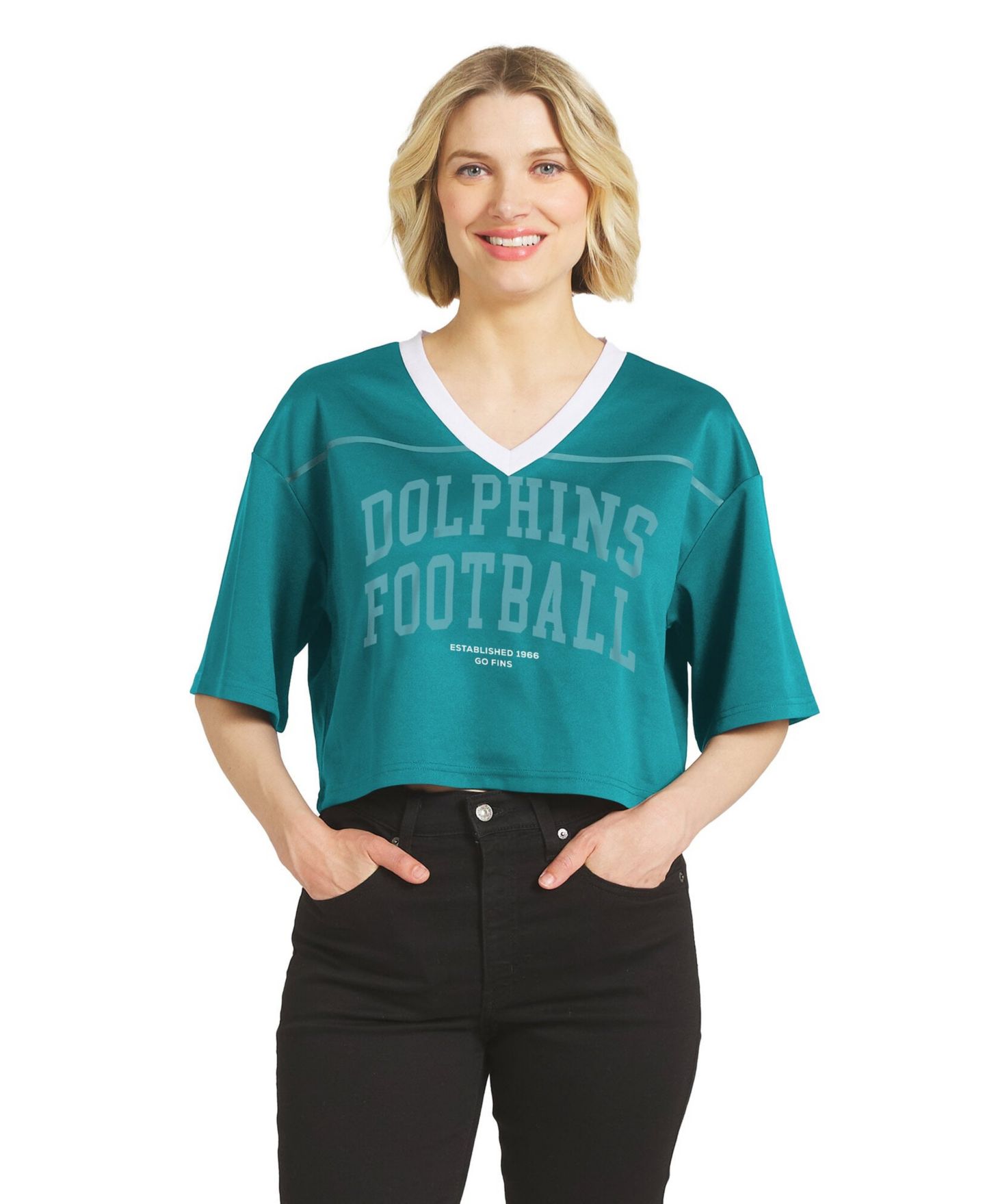 Женская футболка WEAR by Erin Andrews Aqua Miami Dolphins Cropped V-Neck Jersey — фото 1