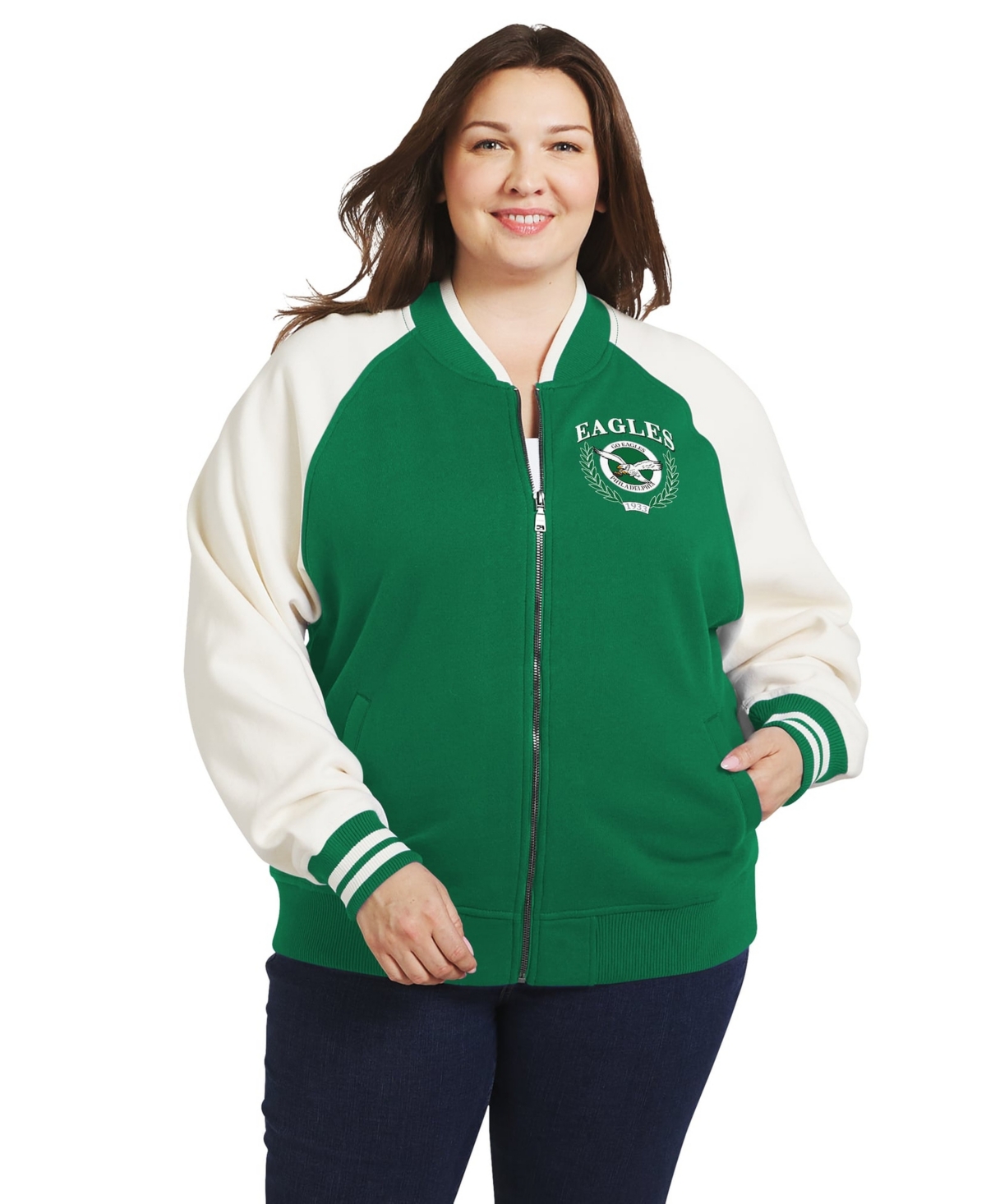 Wear by Erin Andrews Women's Plus Philadelphia Eagles Varsity Full-Zip Fleece Jacket