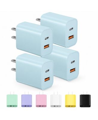 20W Dual-Port USB-A and USB-C Wall Charger for iPhone, iPad, and Android, 4-Pack