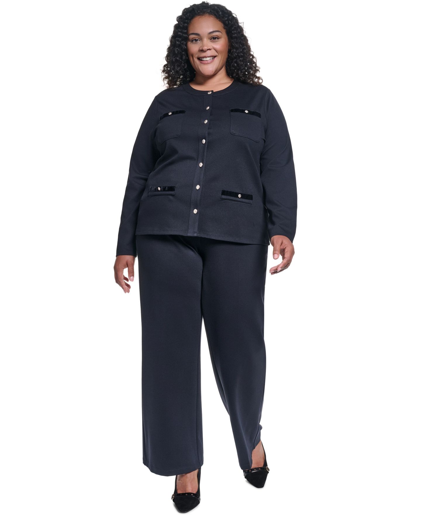 Женский топ KARL LAGERFELD PARIS Plus Size Long-Sleeve Crewneck Button-Front Top, цвет: Чёрный — фото 3
