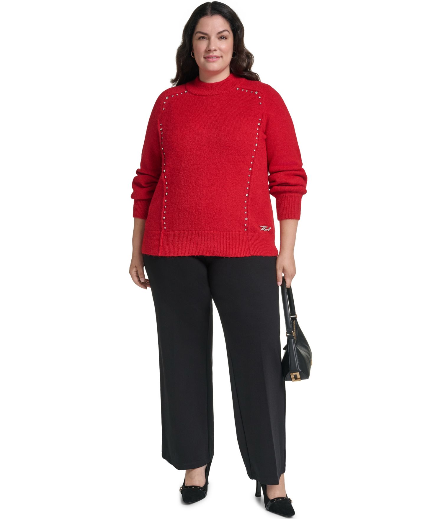 Женский свитер KARL LAGERFELD PARIS Plus Size Mock Neck Rhinestone Pullover, цвет: Красный — фото 2