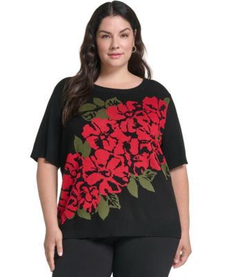 Women's Plus Size Rose Floral Crewneck Short-Sleeve Sweater
