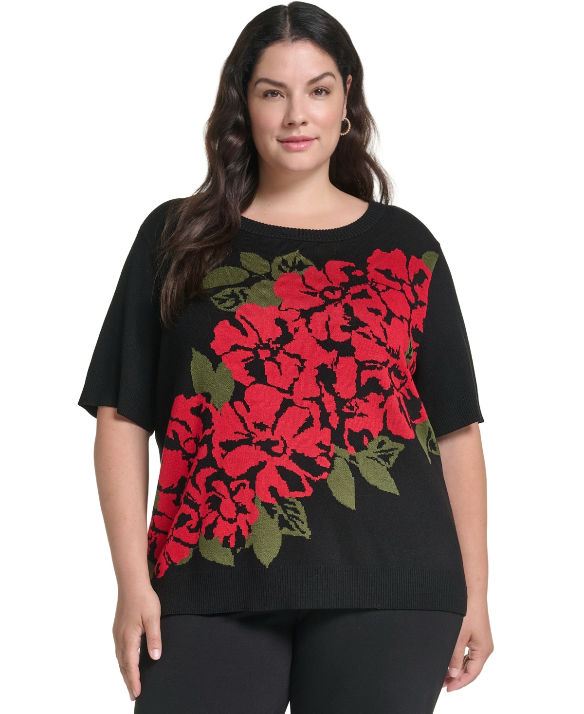 Karl Lagerfeld Paris Women's Plus Size Rose Floral Crewneck Short-Sleeve Sweater - Black/Admiral Red/Green