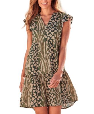 Women's Viscose Animal Print Tiered Ruffle-Trim Notch-Neck Short Dress