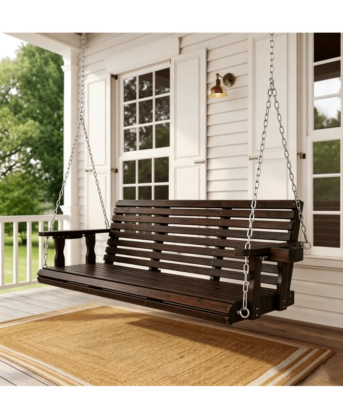 Mega Casa Wooden Porch Swing 3-Seater, High Backrest and Deep Seat, Bench Swing with Cupholders, for Outdoor Patio Garden (Cedar Tone, 5 Ft Extra Larg