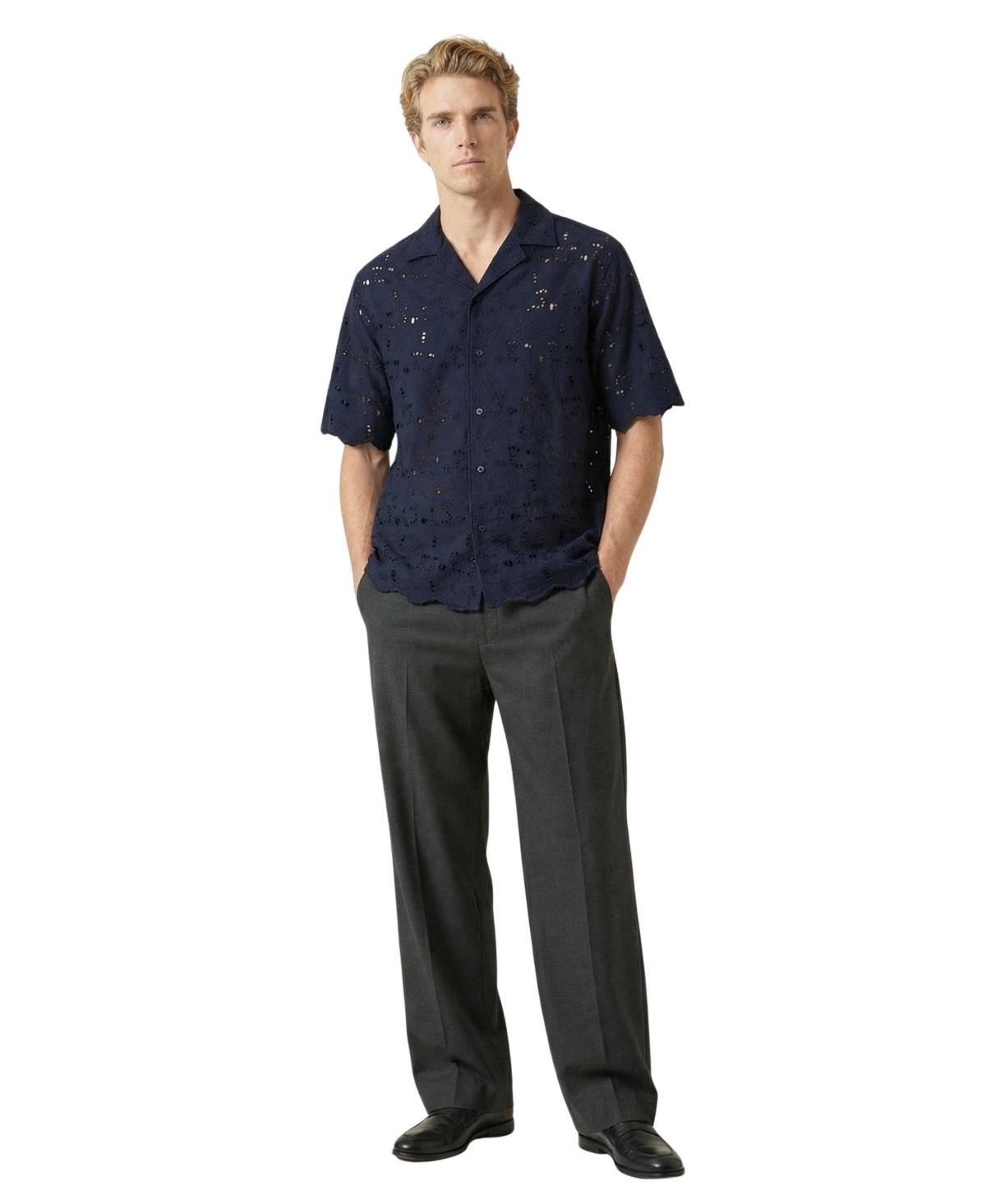 Modenaire Men's Textured Openwork Short-Sleeve Shirt - Navy blue
