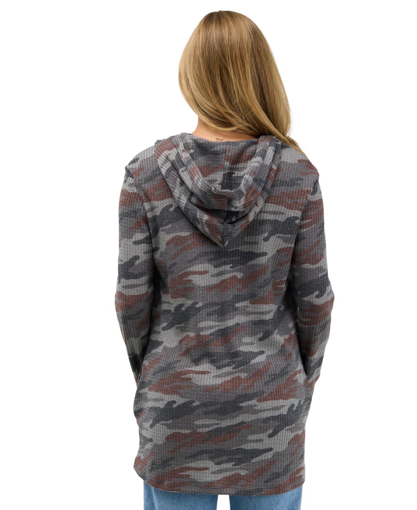 Женский кардиган 24seven Comfort Apparel Camo Waffle-Knit Hooded, цвет: Серый разноцветный — фото 4