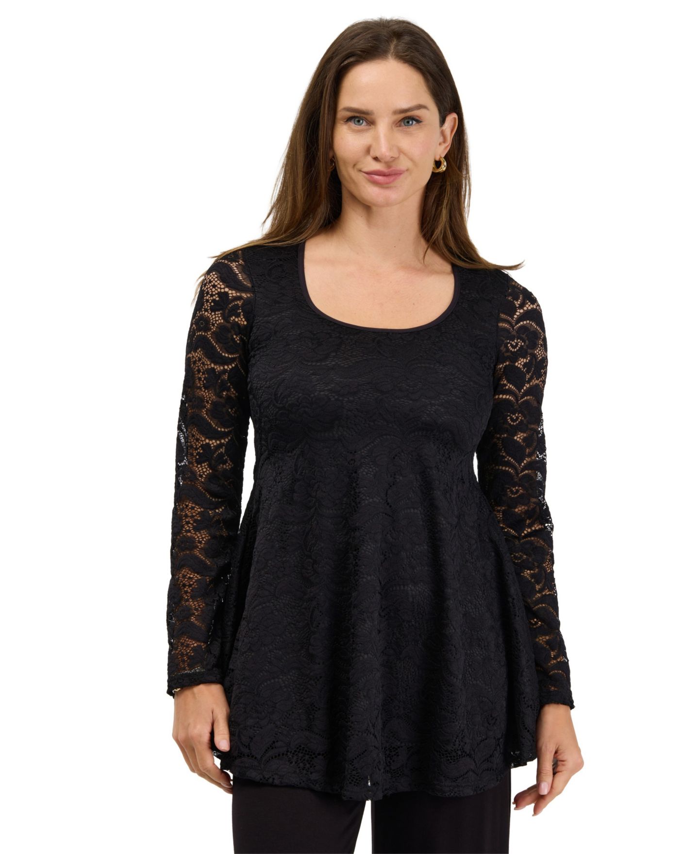 Женский топ 24seven Comfort Apparel Scoop-Neck Long-Sleeve Floral Lace Tunic, цвет: Чёрный — фото 1