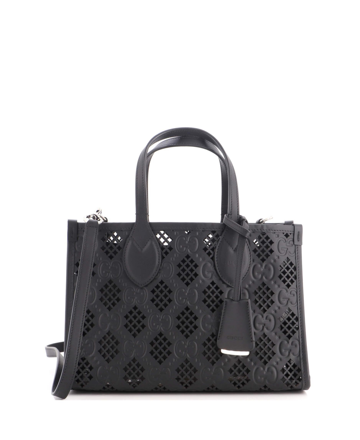 Pre-Owned Gucci Small Convertible Tote Gg Debossed Laser Cut Leather - Black