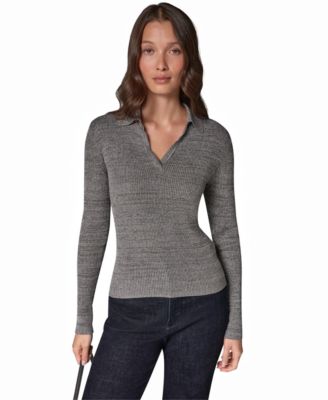 Women's Lurex Long-Sleeve V-Neck Ribbed Polo Sweater
