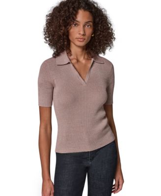 Women's V-Neck Lurex Elbow-Sleeve Polo Sweater