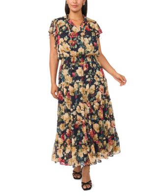 Plus Size Floral-Print V-Neck Flutter-Sleeve Maxi Dress