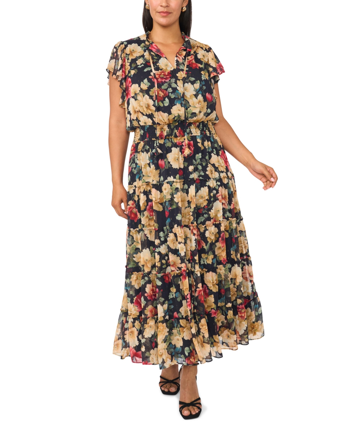 Vince Camuto Plus Floral-Print V-Neck Flutter-Sleeve Maxi Dress