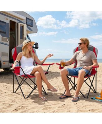 Set of 2 Padded Folding Camping Chairs with Cup Holders