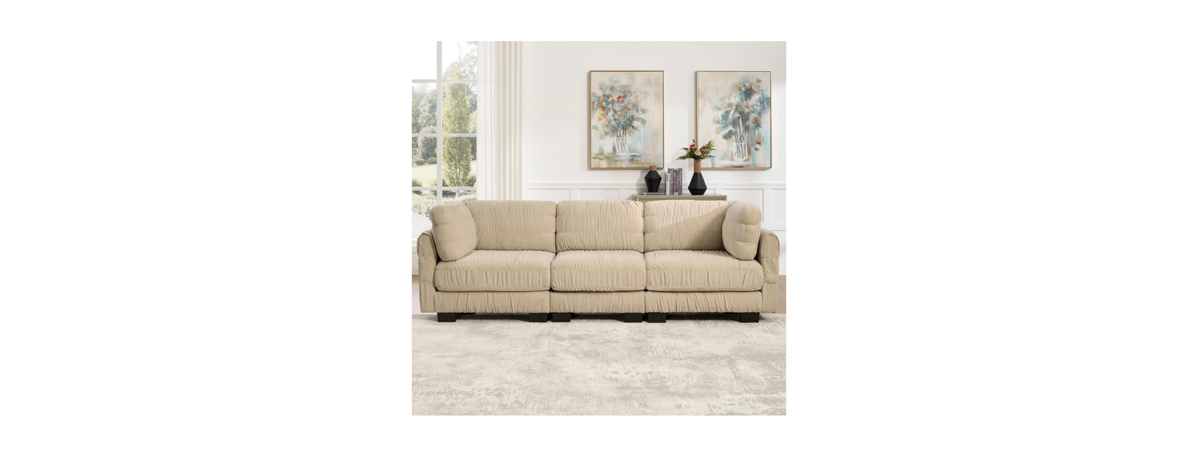 Rainsken 3 Seat Ruched Detailing Chenille Modular Sectional Sofa,High-Density Foam,Thickened Back Cushions,Easy Assembly,For Living Room