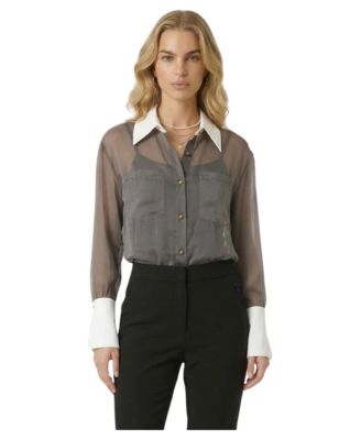 Women's Sheer Contrast-Collar Long-Sleeve Blouse