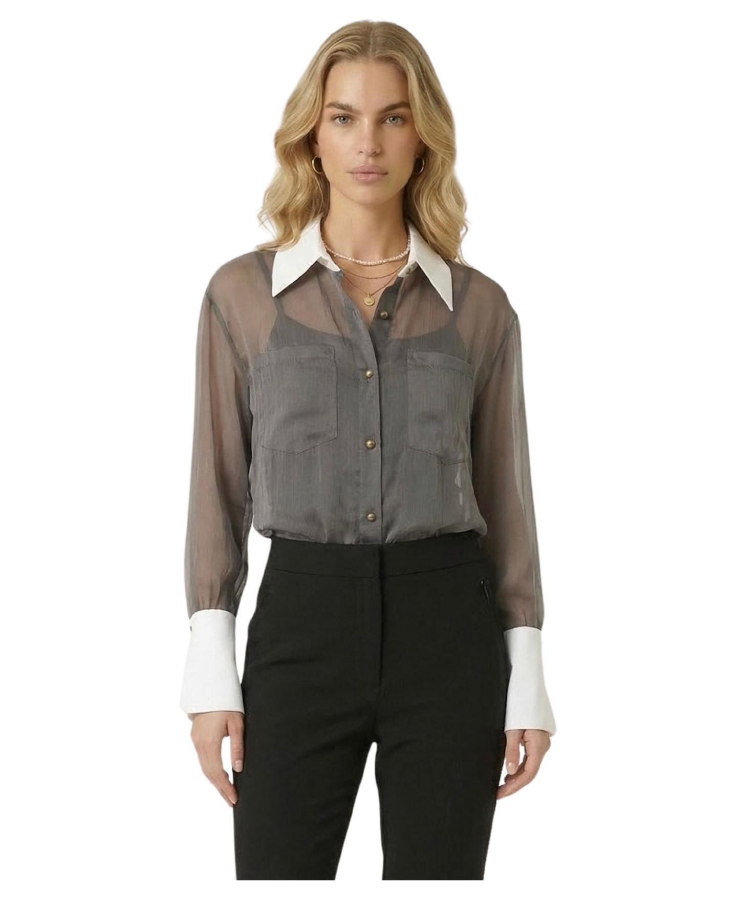 Женская блузка Modenaire Sheer Contrast-Collar Long-Sleeve — фото 1