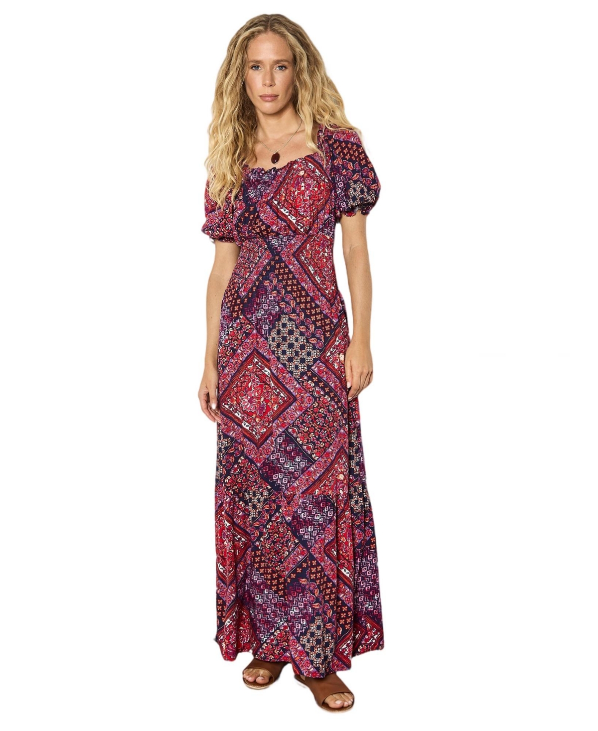 Apricot Women's Boho Puff-Sleeve Tiered Viscose Maxi Dress - Purple