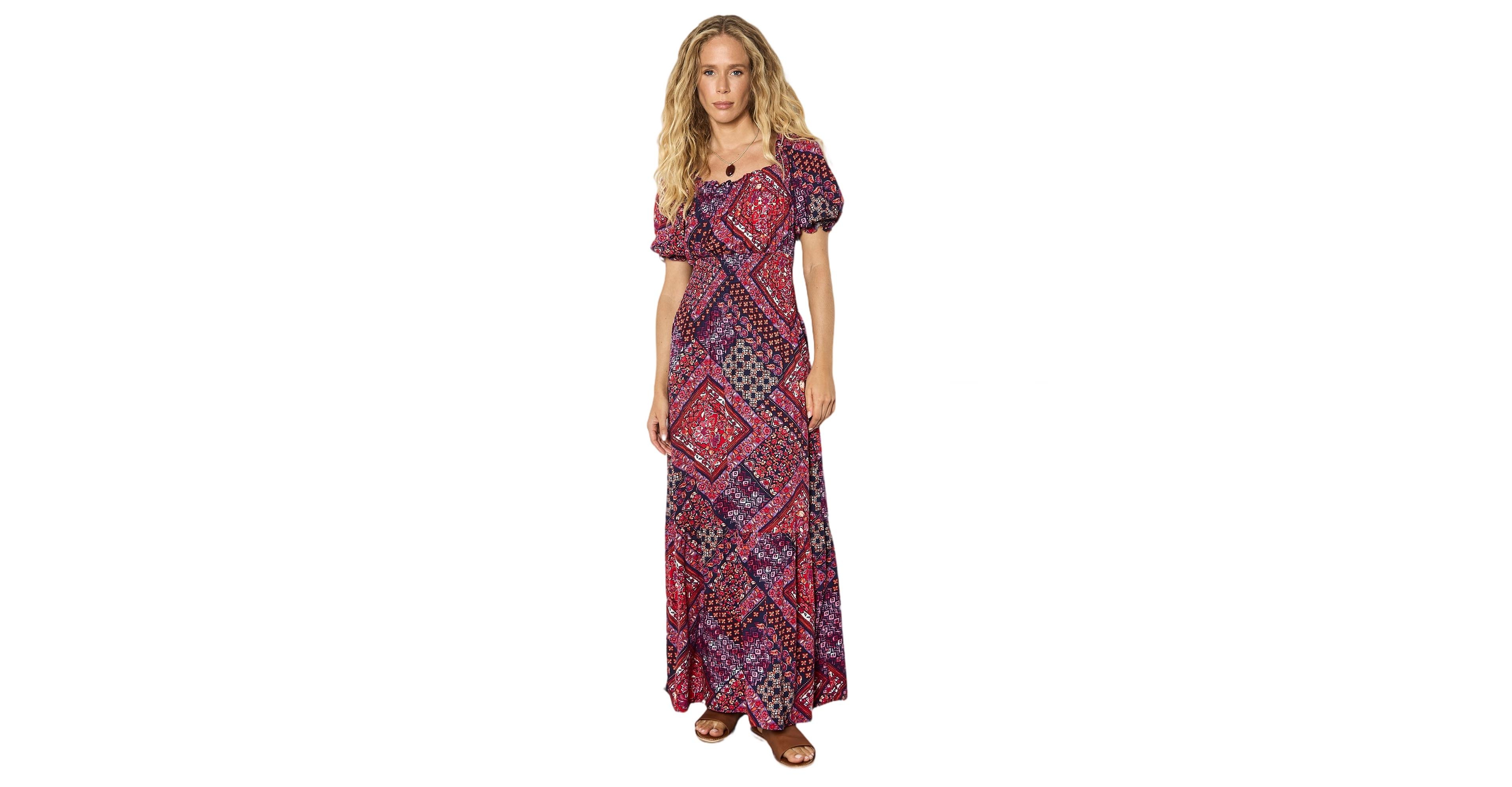 Apricot Women's Boho Puff-Sleeve Tiered Viscose Maxi Dress