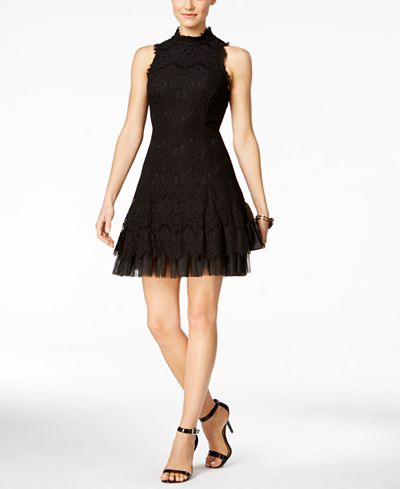Betsy & Adam High-Neck Lace A-Line Dress