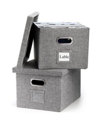 Collapsible Linen File Organizer Box Set Sturdy MDF Stackable Storage with Lid Label Holder Space Saving