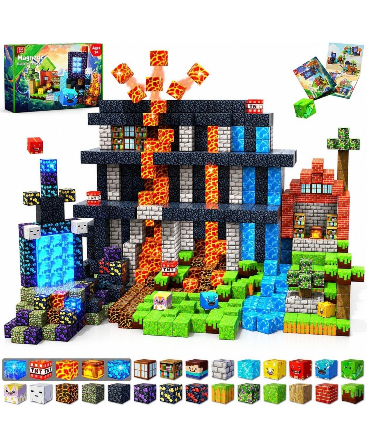 Gnuadz Dinosaur Forest Castle 150-Piece Magnetic Building Blocks, Ages 3+