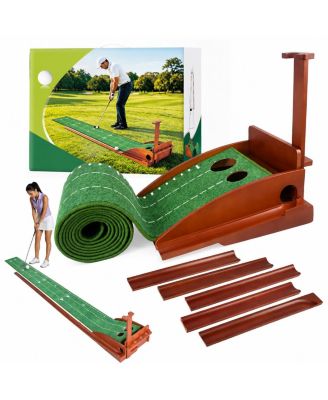 9.8 Ft Golf Putting Mat Auto Ball Return Dual Hole Foldable Practice Training Aid