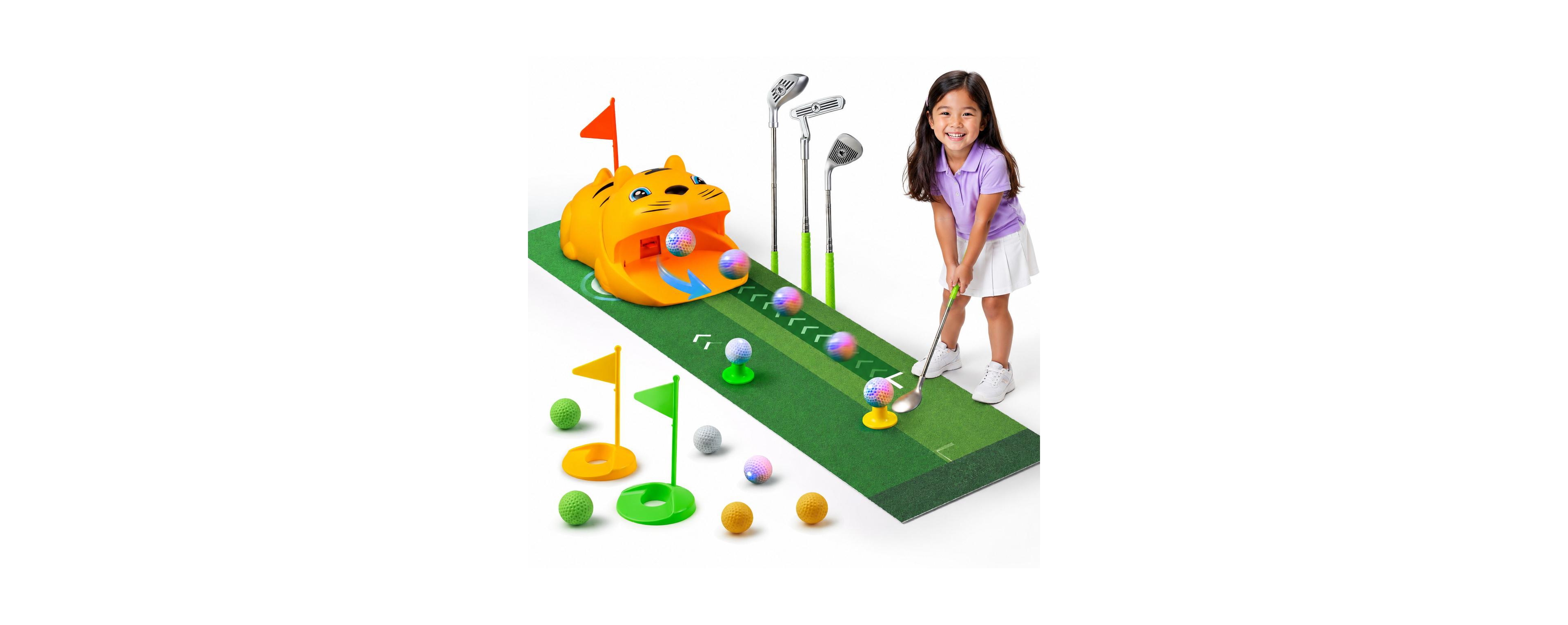 Peneyon Kids Golf Set Automatic Ball Return Adjustable Clubs Light Up Balls Indoor Outdoor Play