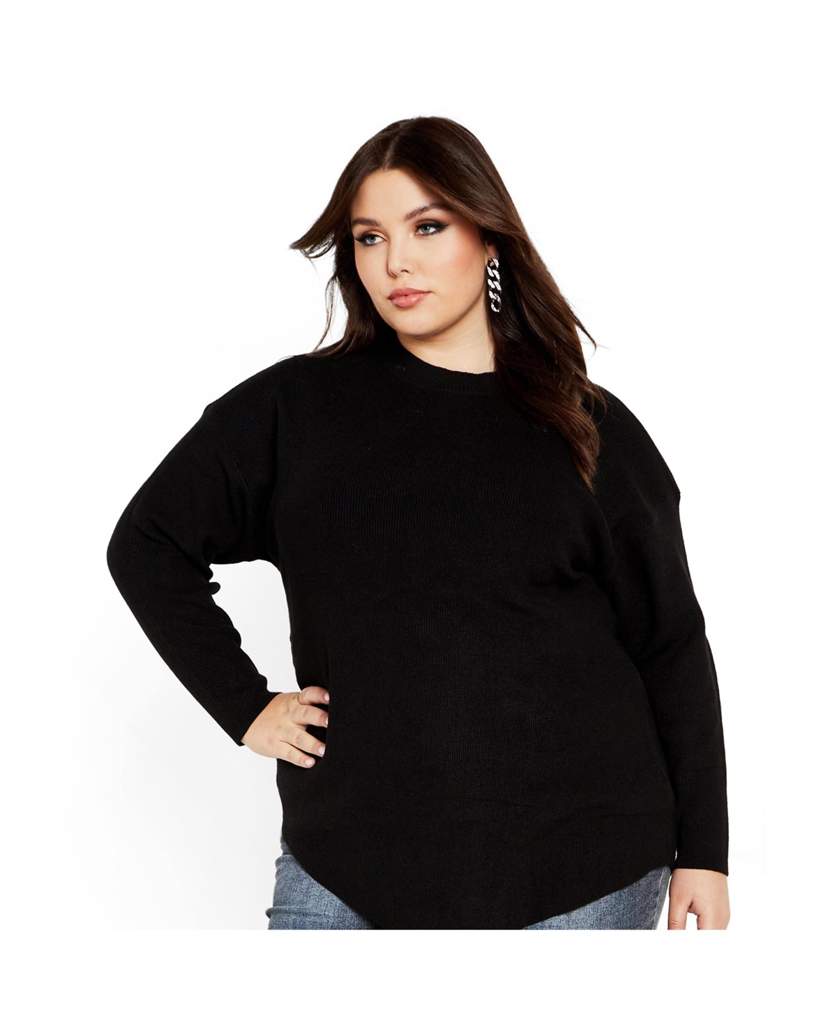 City Chic Plus Size Madison Asymmetrical Hemline Relaxed Fit Sweater - Black