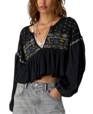 Women's Printed Cropped Long-Sleeve V-Neck Bryn Tee