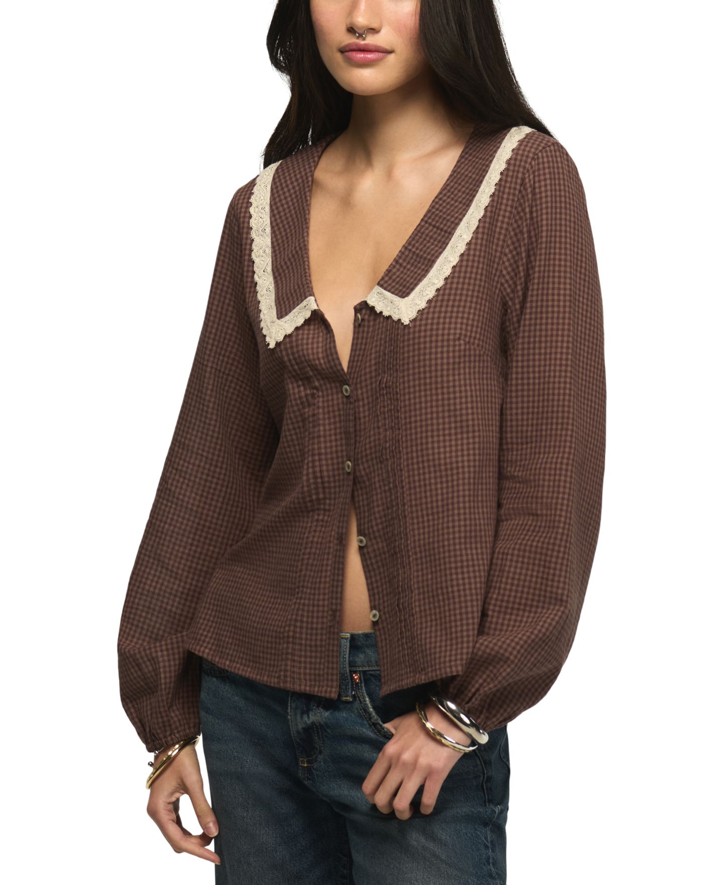 Женская блузка Lucky Brand Gingham Peter Pan Collar Long-Sleeve, цвет: Коричневый в мелкую клетку — фото 3