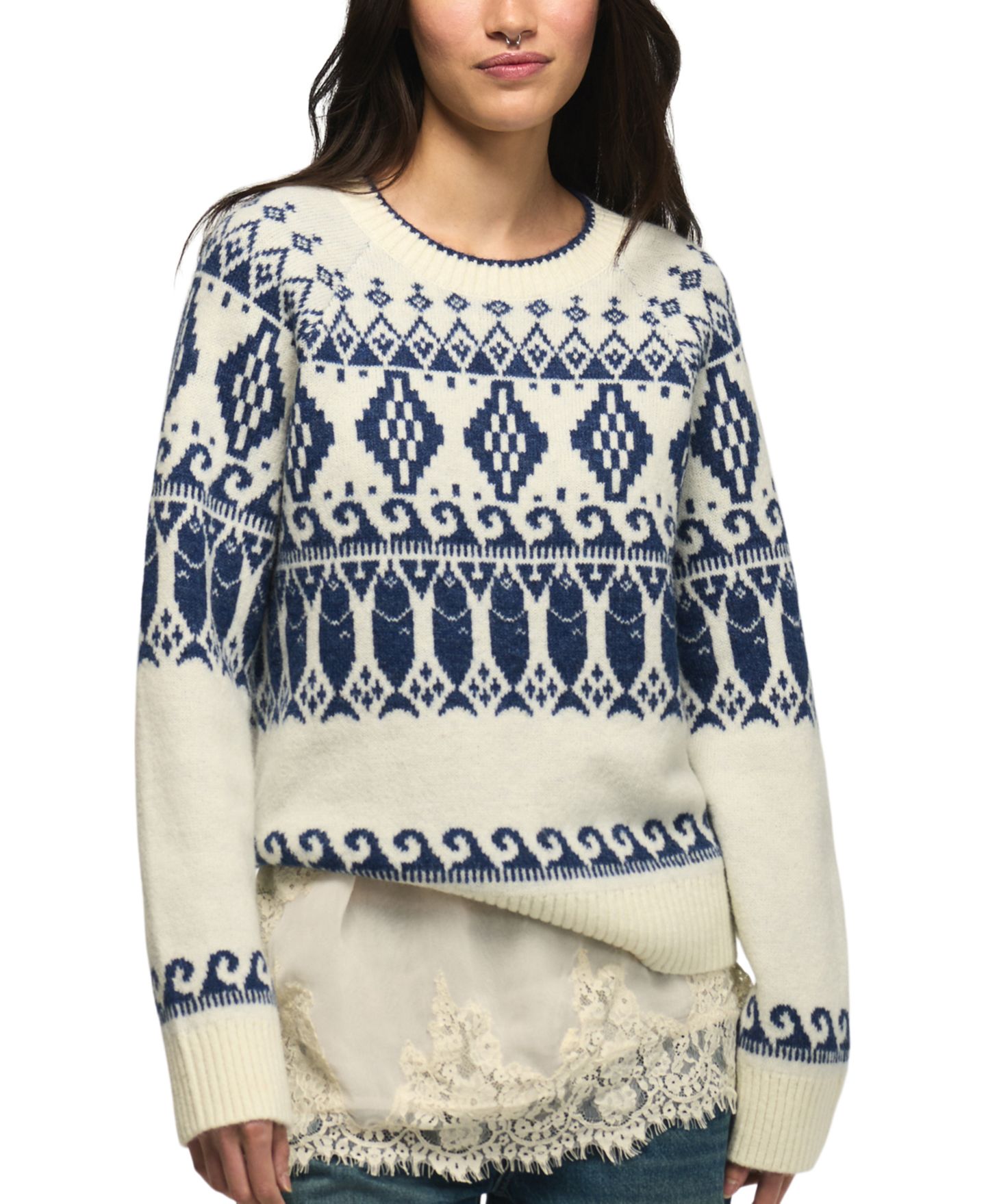 Женский свитер Lucky Brand Raglan Crewneck Fair Isle Long-Sleeve, цвет: Gardenia — фото 3