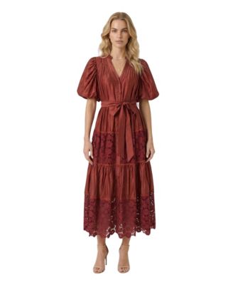 Women's V-Neck Puff-Sleeve Lace-Panel Midi Dress