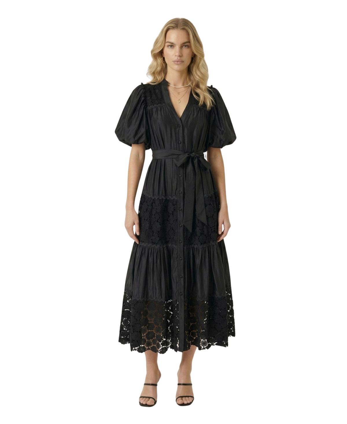 Modenaire Women's V-Neck Puff-Sleeve Lace-Panel Midi Dress