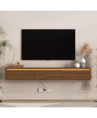 Wall Mount Floating High Gloss TV Cabinet with LED Lights and Power Outlet for Living Room