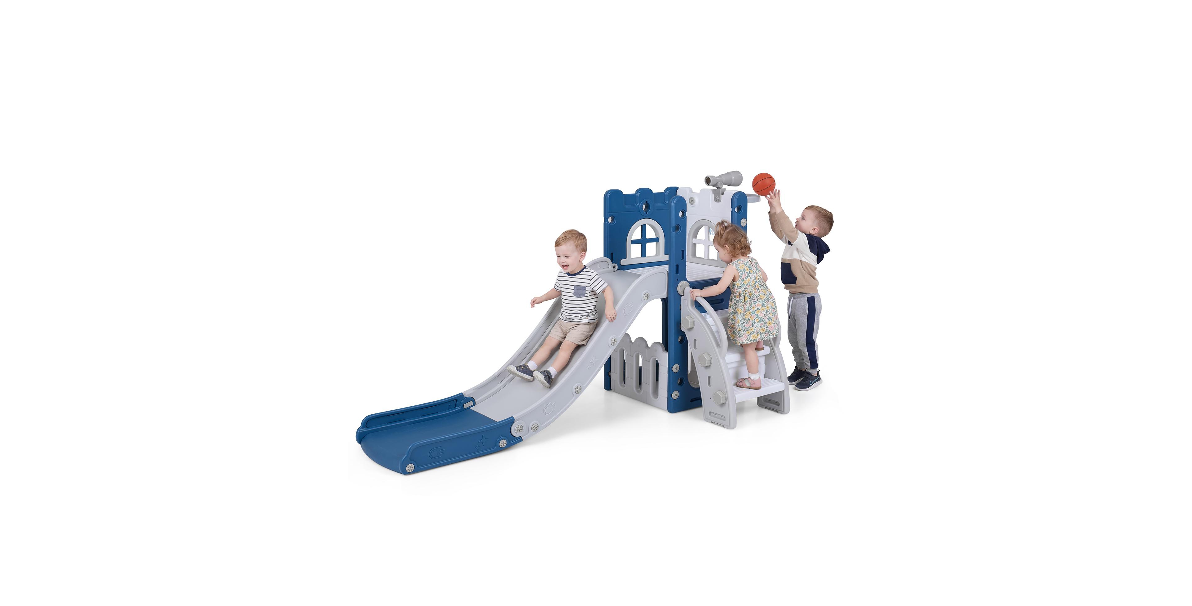 Costway 6-in-1 Kids Indoor Slide Playset with Basketball Hoop, Telescope