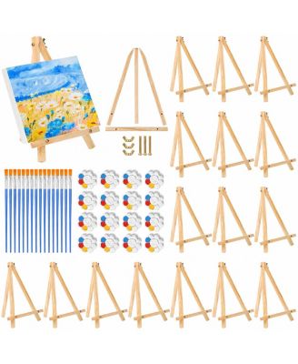 16 Pack Wood Tabletop Easel Canvas Stand Bulk with Paint Brushes Palettes
