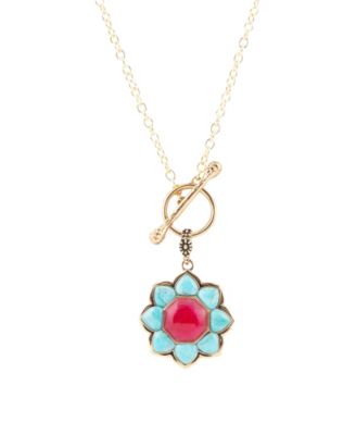 Gold-Tone Red Quartz and Blue Turquoise Pendant Necklace