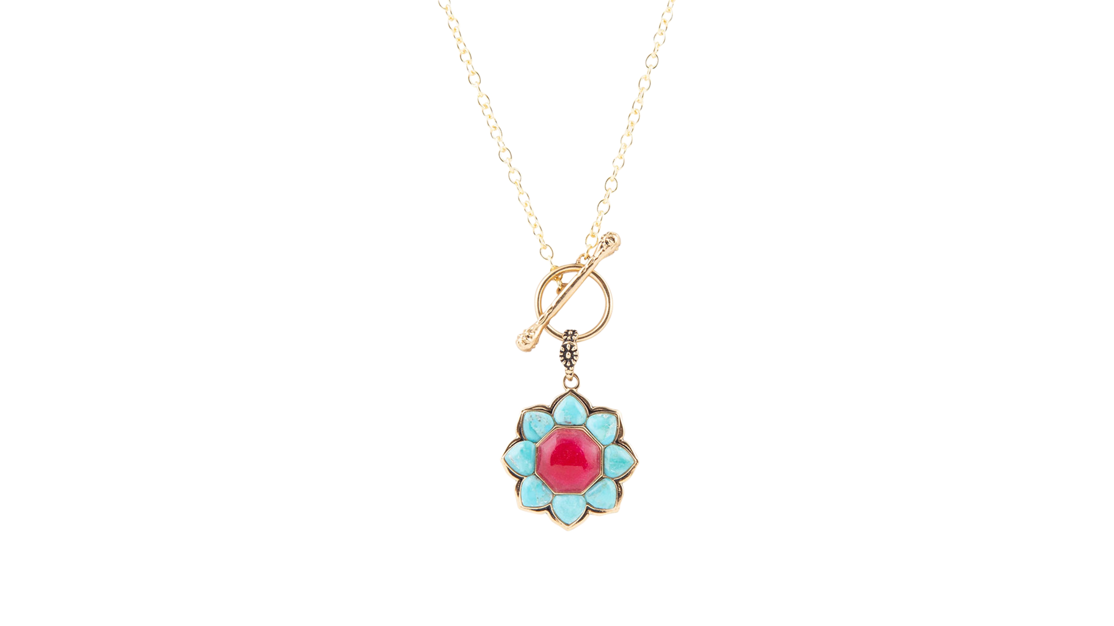 Barse Gold-Tone Red Quartz and Blue Turquoise Pendant Necklace