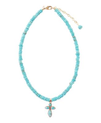 Genuine Blue Turquoise Cross Beaded Pendant Necklace