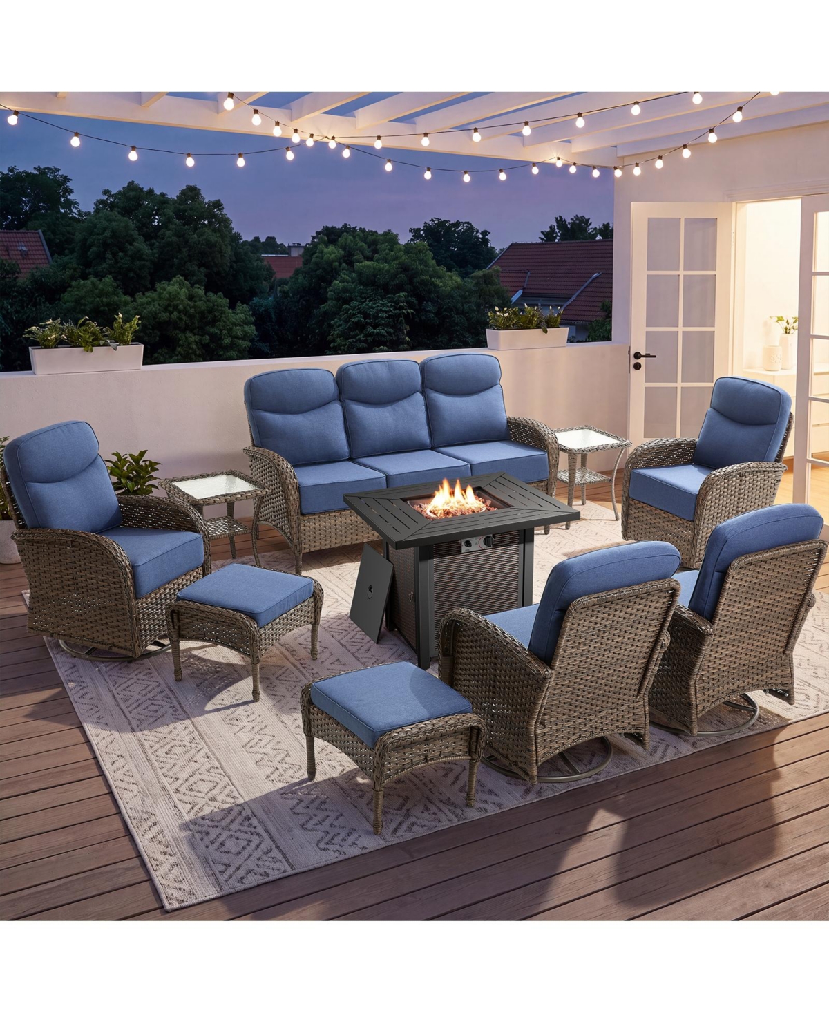 Pocassy 10-Pieces Patio Furniture Set, Outdoor Wicker Conversation Set with Swivel Rocking Chairs, Sofa and 6inch Waterproof Cushions - Blue brown
