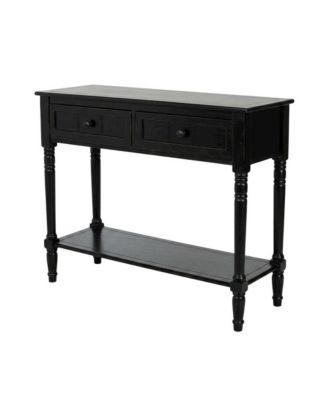 Black wooden console table with two drawers and sleek design