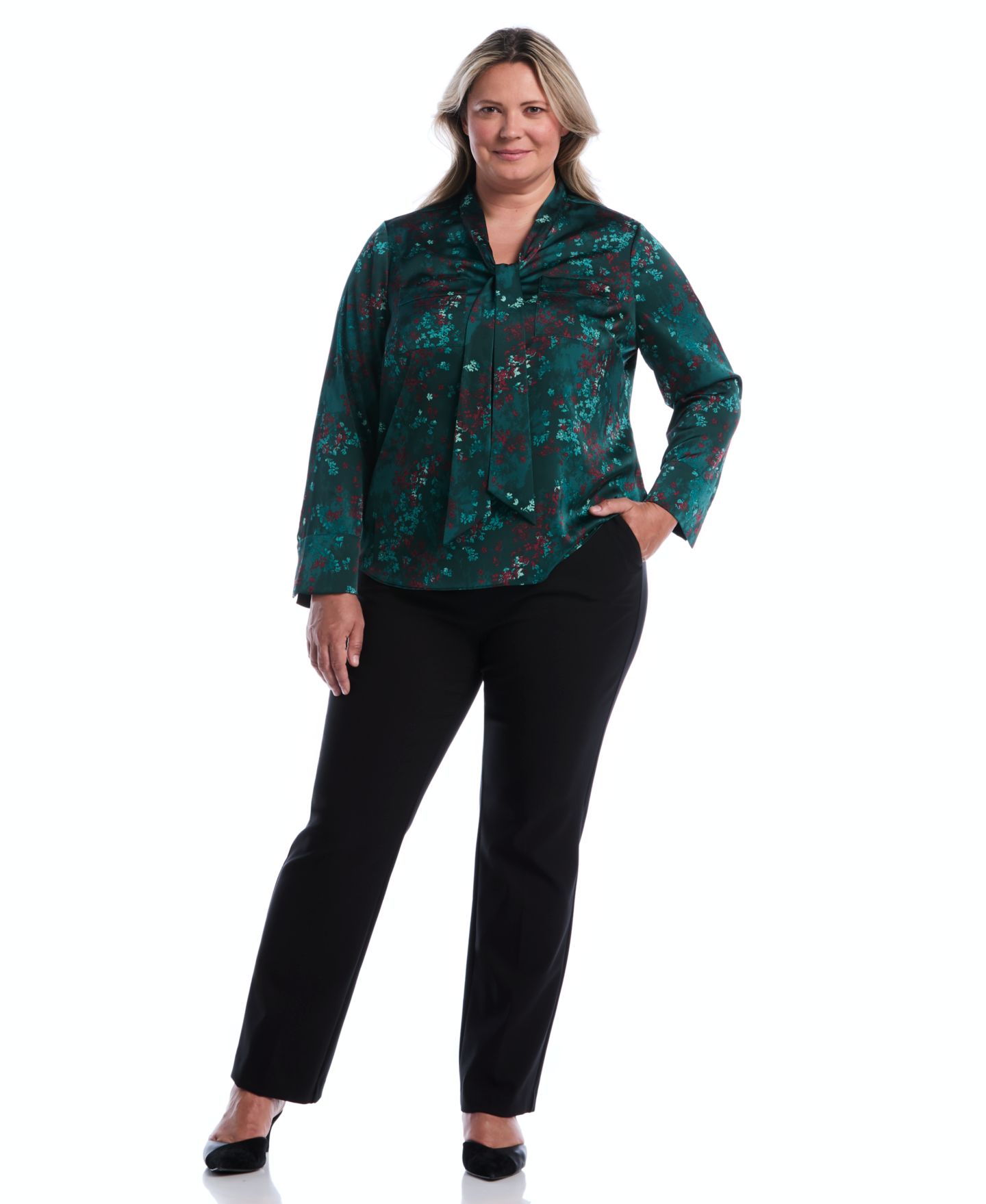 Женская блузка Rafaella Plus Size Long-Sleeve Satin Floral-Print, цвет: Сосновый — фото 2
